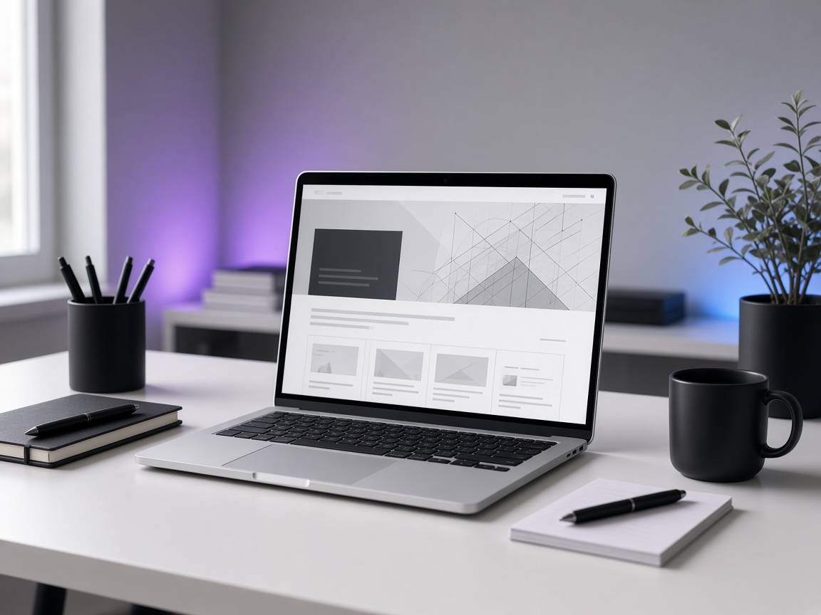 Minimal workspace with abstract website wireframe on screen